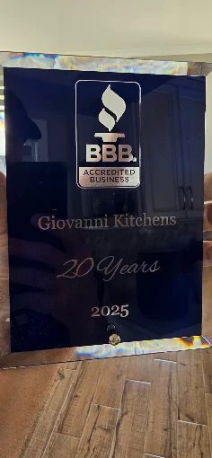 BBB Accredited Business plaque awarded to Giovanni Kitchens for 20 years, 2025